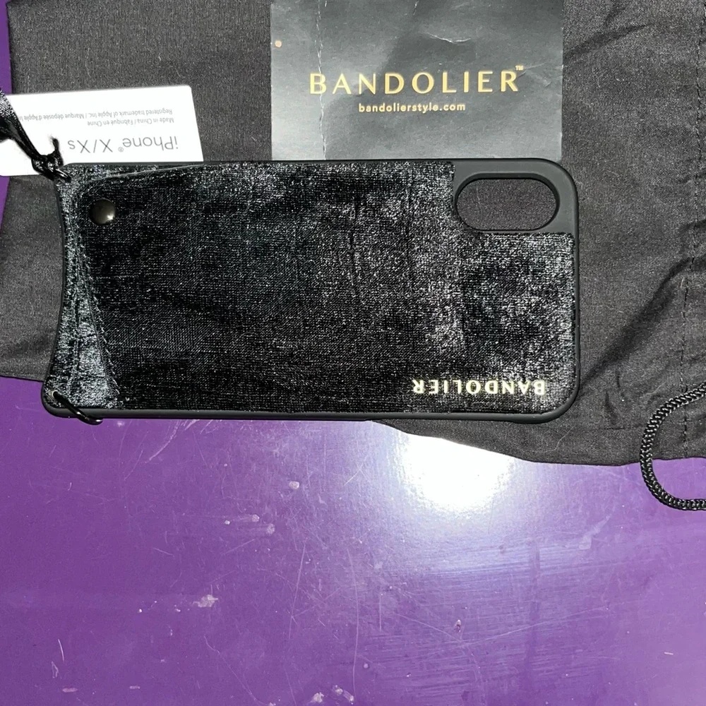 Bandolier black velvet phone case crossbody strap fits IPhone X & XS card slot